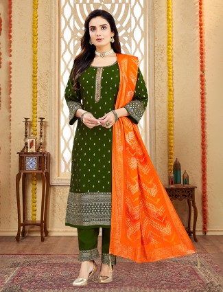 Dark green cotton silk salwar suit with zardosi work
