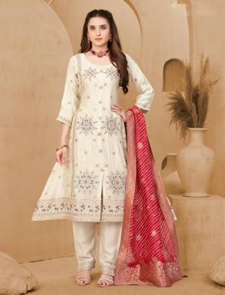 Off white silk zardosi work with dupatta ensemble