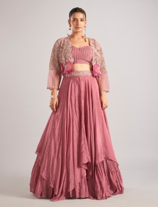Onion pink satin silk lehenga choli with jacket