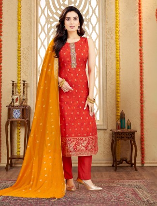 Orange silk salwar suit with zardosi thread work