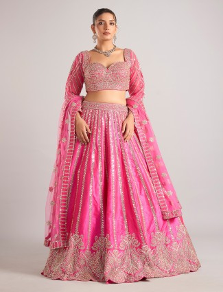 Pink lehenga choli with dupatta for women in raw silk