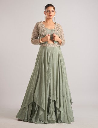 Pista green satin silk jacket style lehenga choli