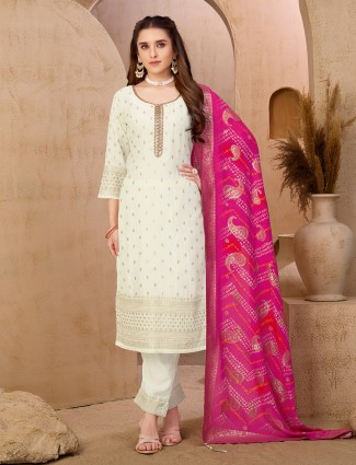 White cotton silk salwar suit with graceful embellishments