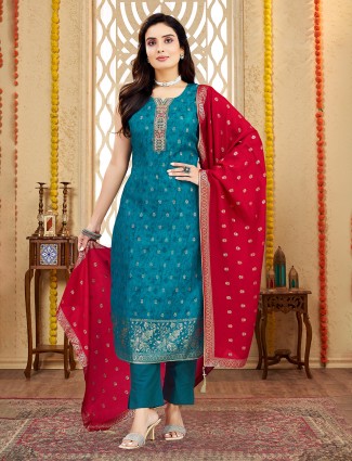 Blue silk salwar suit with cutdana and zardosi with dupatta
