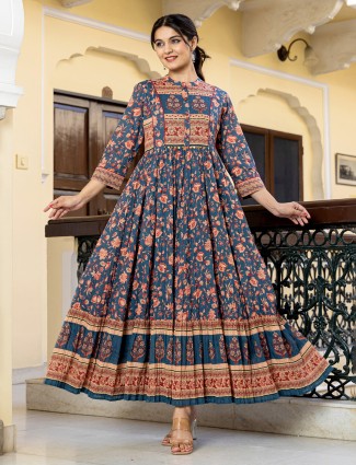 Blue spark printed kurti with stand collar