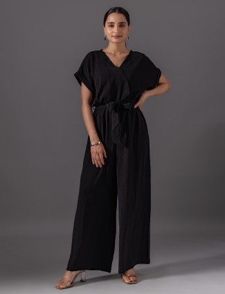 Black georgette jumpsuit for V neck