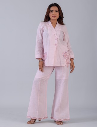 Pink cotton casual co ord set for women