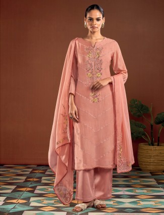 Peach silk festive wear palazzo suit for women