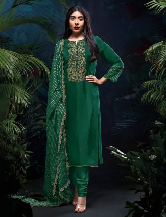 Green silk salwar suit for festive with sequins work