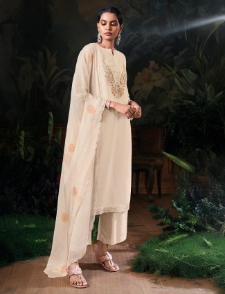 Cream silk palazzo suit with dupatta for women