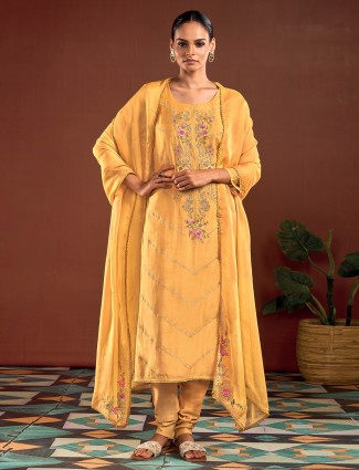 Mustard yellow silk salwar suit for festive wear