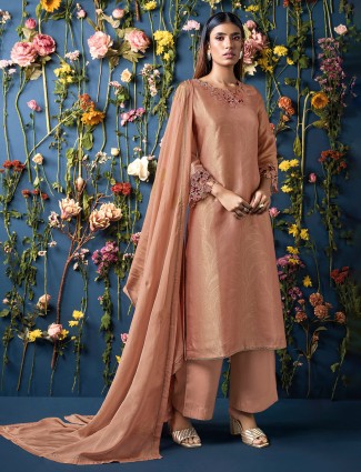 Peach silk printed palazzo suit with dupatta