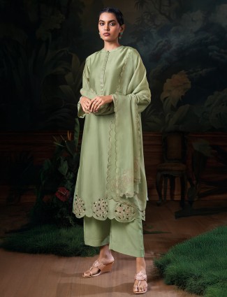 Pista green palazzo suit in silk for women