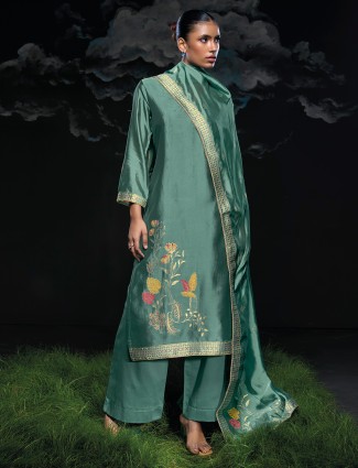Pastel green silk palazzo suit