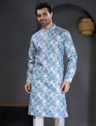 Stunning aqua printed cotton kurta suit