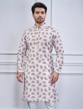 Beige cotton printed kurta suit for men