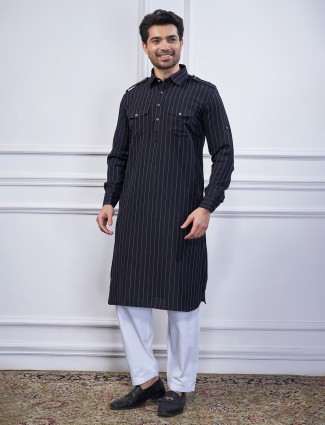 Black striped cotton pathani set