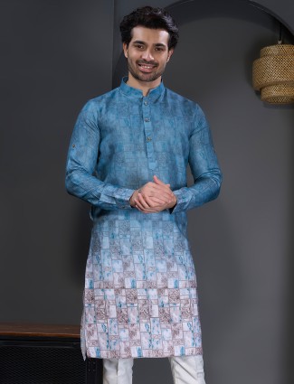 Cotton blue printed kurta suit for men