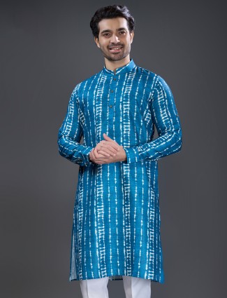 Latest blue cotton printed kurta suit for festive wear