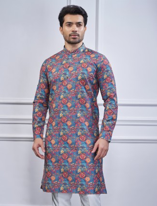 Cotton blue printed kurta suit for festive wear