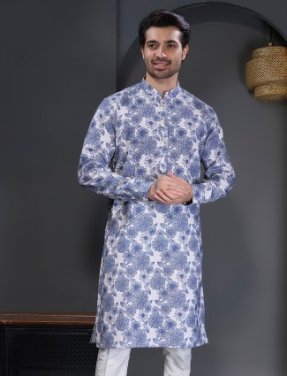 Blue festive wear cotton printed kurta suit for men