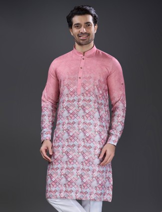 Cotton printed kurta suit in pink for men