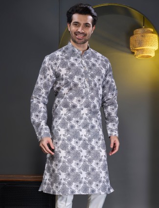 Trendy printed grey cotton kurta suit