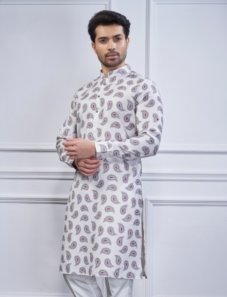 Grey cotton printed kurta suit for men