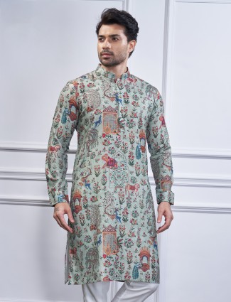 Stunning light green printed cotton kurta suit
