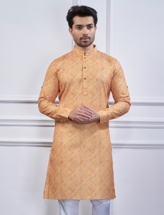 Cotton light orange printed kurta suit