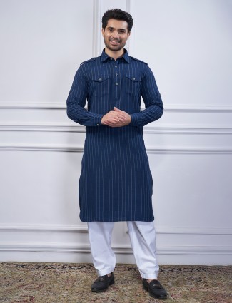 Navy striped cotton pathani suit for men