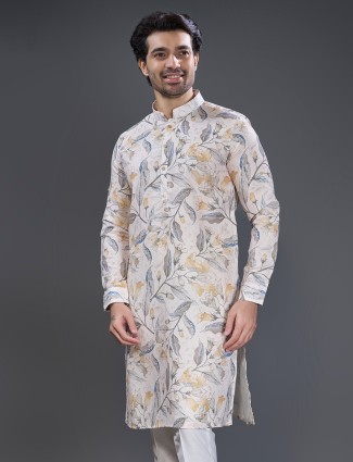Off white and yellow cotton printed kurta suit