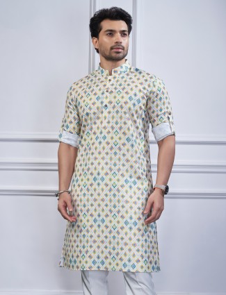 Classic off white cotton printed kurta suit