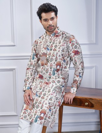 Stylish off white printed cotton kurta suit