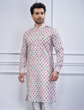 Cotton printed kurta suit in pink for festive wear