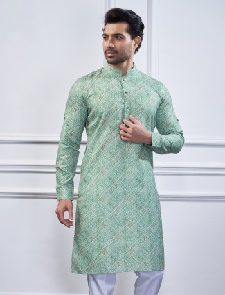 Trendy printed pista green cotton kurta suit