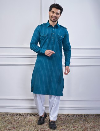 Rama blue striped cotton pathani suit