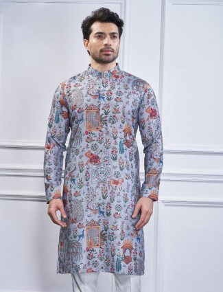 Stone blue cotton printed kurta suit