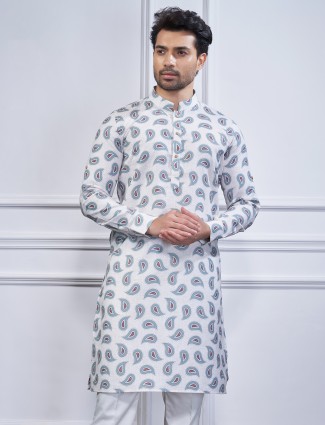 Stylish white printed cotton kurta suit