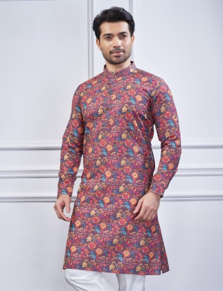 Elegant cotton wine printed kurta suit