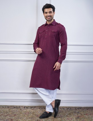 Wine striped cotton pathani kurta set