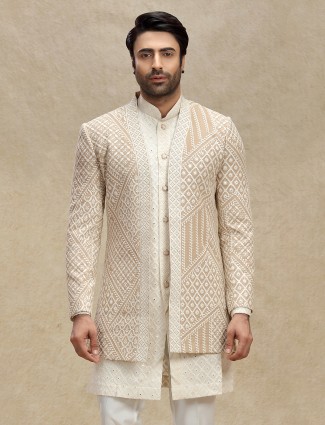 Beige silk indo western with aabla elegant detailing