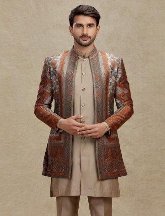 Brown silk printed indo western with pants