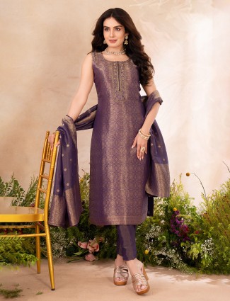 Dark purple brocade silk wedding salwar suit