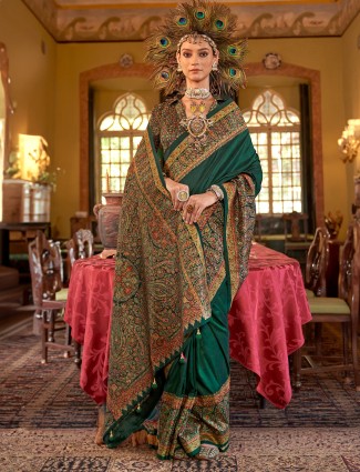 Chic green silk saree for festive occasions with traditional print