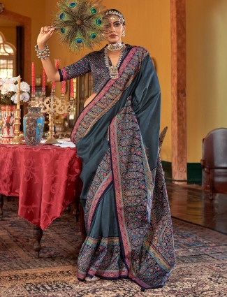 Graceful grey silk saree for weddings with intricate motifs