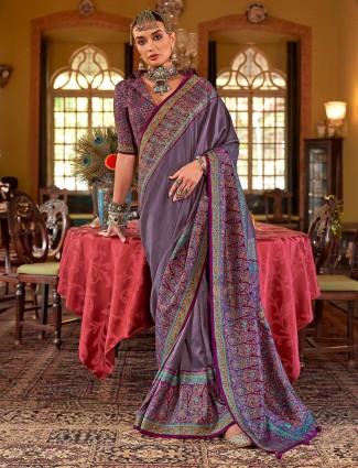 Soft lavender silk saree with delicate printed design