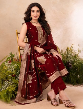 Maroon satin silk festive salwar suit for women