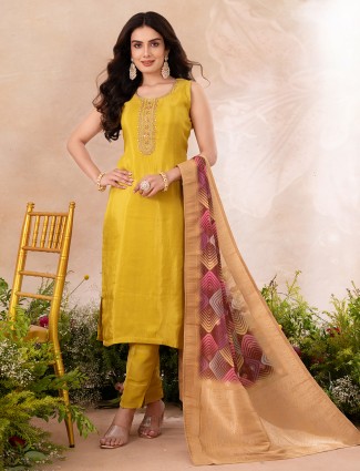  Mustard Yellow silk festive salwar suit with dupatta