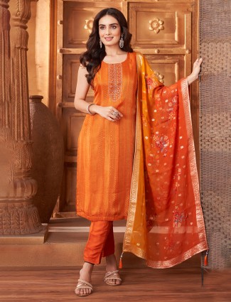 Orange silk salwar suit with dupatta for festive wear